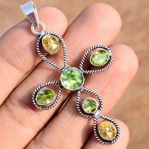 Faceted Peridot & Citrine Cut Gemstone 925 Sterling Silver Cross Beauty Pendant - Picture 1 of 8