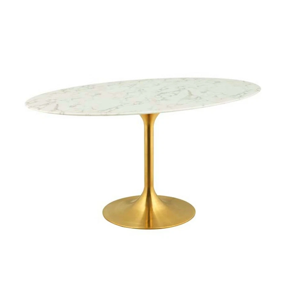 Modway Lippa 60"" Oval Faux Marble Top Pedestal Dining Table in Gold