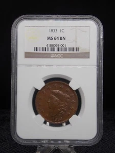 US 1833 CORONET HEAD LARGE CENT LARGE LETTERS SLABBED NGC MS 64 BN DBL PROFILE - Picture 1 of 2