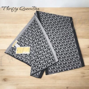 NEW Michael Kors Scarf Reversible MK Monogram Logo Gray Signature Knit Acrylic - Picture 1 of 8