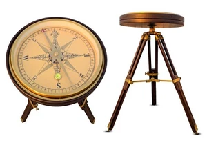 Antique Brass Wooden Side Table End Table With compass Home Décor Coffee Table - Picture 1 of 5