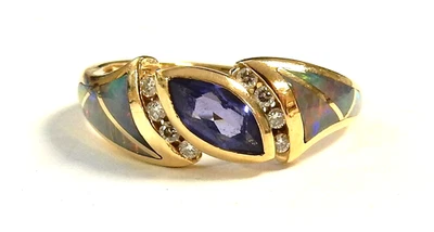 Anillo Kabana Oro Amarillo 14K Sólido Marquesa Iolita Ópalo Diamante Damas Talla 8 Foto 1 de 4