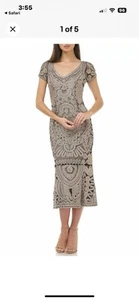 JS COLLECTIONS NWT SOUTACHE EMBROIDERED MIDI TRUMPET HEM CLAY/BLACK DRESS sz 6 - Picture 1 of 8