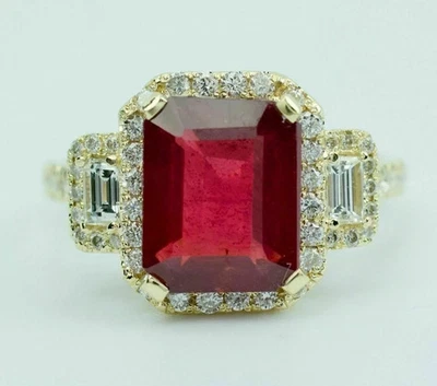 3Ct Radiant Cut Lab Created Red Ruby Women's Engagement Ring 14K Gold Plated - Image 1 of 4