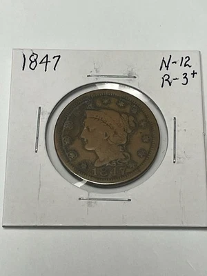 Centavo grande cabello trenzado 1847 N-12 R-3+ Foto 1 de 3