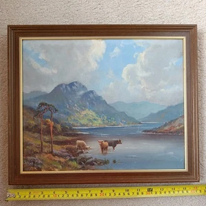 Early 20th Century Oil - Highland Cows At The Lake - Picture 1 of 14