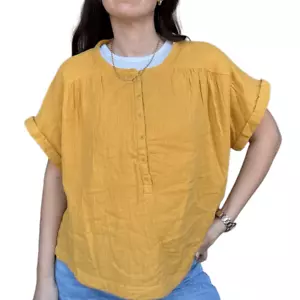 New Pact Organic Cotton Blouse Gauze Short Sleeve Size Large Relaxed Fit Yellow - Picture 1 of 7