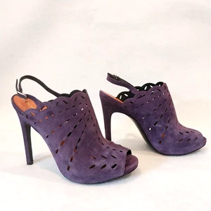 Via Spiga Women 9 Purple Suede 5" Heels Sandals Open Toe Mules Sling Back Leathe - Picture 1 of 9