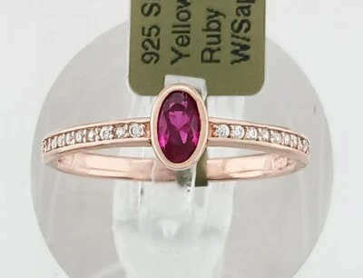 LAB CREATED 0.30 Cts RUBY & WHITE SAPPHIRES RING  .925 SILVER (rose) - NWT - Image 1 of 4