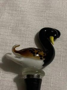Vintage Hand Crafted Blown Glass Swan Wine Stopper Bar Or Gift Black White Brown - Picture 1 of 7