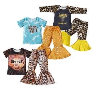 Kids Girls Western Spring Fall Bell Bottom Pants Outfit - Picture 1 of 10