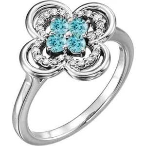 Blue Zircon & 1/10 CTW Diamond Clover Ring In 14K White Gold - Picture 1 of 2