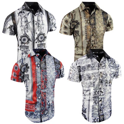 Men Short Sleeve Shirt Italian Floral Gold Sheen Stripe Flip-Cuff Stretch Slim - Image 1 of 2