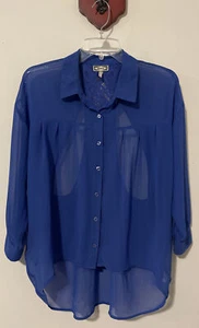 Kirra Womens Large Blue Button-Up Sheer Tunic Style Open-Back Blouse! A942 - Picture 1 of 4