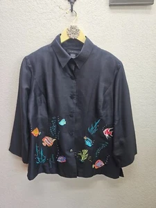 Silkland Women's Silk Embroidered Fish Blouse 14 Summer Vacation - Picture 1 of 8