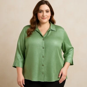Scott Taylor Womens Metallic Green Button Blouse Textured Crinkle 3/4 Sleeve 3XL - Picture 1 of 8