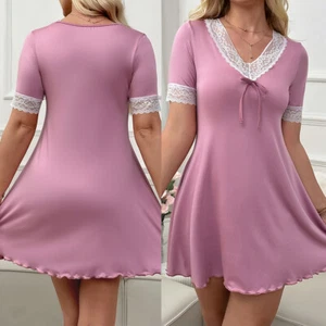 Women's Nightgown Short Sleeve Lace Chemise Sleepwear Nightwear Dress Sleepshirt - Picture 1 of 9