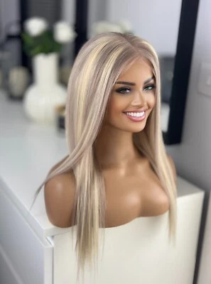 Highlighted Ash Blonde Wig 13x4 Lace Front 22” 100% Human Long Hair Wig - Image 1 of 4