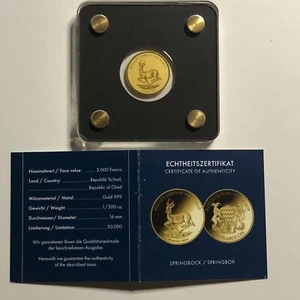 S4-D-11)) Tschad 3.000 Francs 2019 Springbock, 1/500 OZ 999er Feingold - Bild 1 von 2