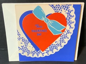 VTG DA Valentine Card UNUSED Hearts Doily Ribbon Red White & Blue - Picture 1 of 4