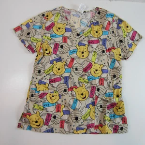 disney women's scrub top winnie the pooh honeypot shirt small brown - Picture 1 of 5