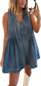 Womens Sleeveless Denim Romper V Neck Tie Front Jean Shorts Jumpsuit Pockets - Picture 1 of 41