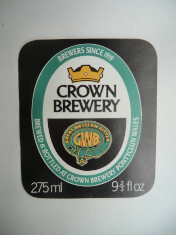 MINT CROWN BREWERY PONTYCLUN GWB GREAT WESTERN BITTER BREWERY BEER BOTTLE LABEL - Image 1 of 1