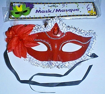 Costume Red MASK with RED JEWEL, Silver Beads, Flower, Lace and Black Ties NEW! - Image 1 of 4