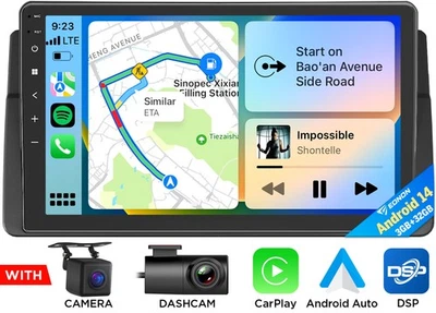 DVR+CAM+ Android 14 9" Touchscreen Autoradio Navi CarPlay Bluetooth Für BMW E46 - Bild 1 von 4