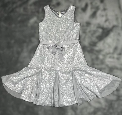 Vestido para niñas Cherokee gris lentejuelas tul superpuesto cinturón de grano sin mangas talla 12 Foto 1 de 4