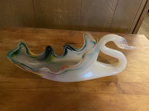 VNTG Hand Blown Glass Swan Candy Dish Bowl  Swirl - Picture 1 of 5