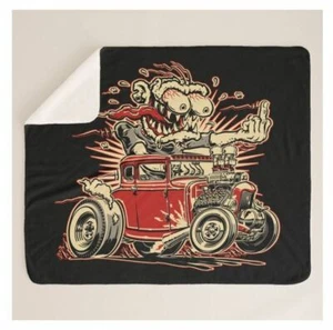 Monster Vintage Hot Rod Giving Finger Cartoon Car Sherpa Fleece Throw Blanket - Picture 1 of 5