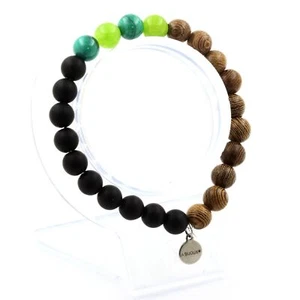 Bracelet Beads Malachite From Congo + Peridot + Black Onyx Matt + Wood 8 Made IN - Picture 1 of 7