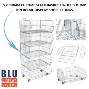 5 x 600MM CHROME STACK BASKET + WHEELS DUMP BIN RETAIL DISPLAY SHOP FITTINGS - Picture 1 of 1