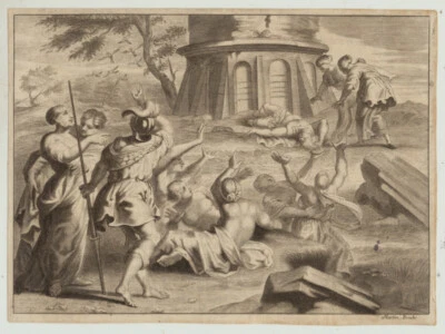  Frauen FURCHT Tempel Original Bouche Kupferstich um 1670 Ovid TOD Mythologie - Bild 1 von 4