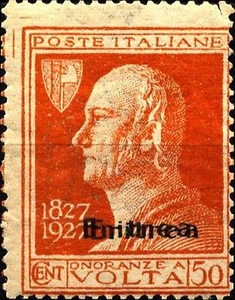 ERITREA - 1927 - "Volta", 50 cent. arancio sovrastampato "ERITREA" - Varietà - Imagen 1 de 1