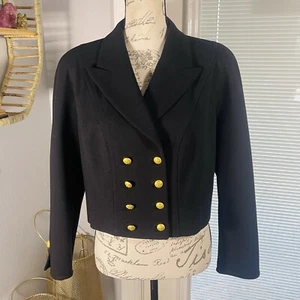 ESCADA Margaretha Ley Vtg 80’s Black Cropped Wool Gold Crest Button Jacket Sz 42 - Picture 1 of 17