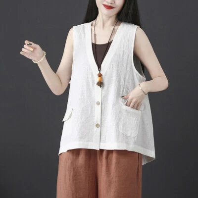Womens Linen Vest Top Waistcoat Gilet V Neck Sleeveless Jacket Pocket Loose Pink - Image 1 of 4