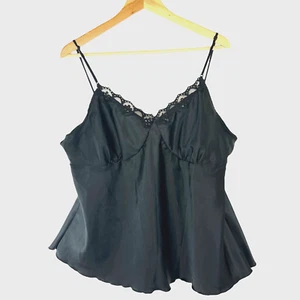 Camiseta sin mangas vintage Y2K satinada cami talla grande 3X negra encaje cuentas cuello en V caprichoso - Imagen 1 de 9
