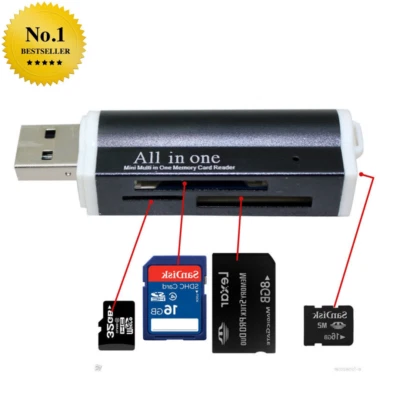 Schwarz Mini Alu Kartenleser USB Micro SD MMC SDHC M2 Card Reader Adapter Win - Bild 1 von 4