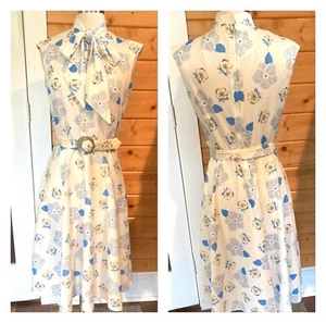 Vintage 1960s day dress high neck w bow, floral print B 36 - Picture 1 of 10