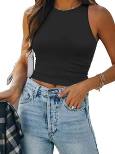 Womens Double Lined Crop Tank Tops Casual Basic Shirts Sleeveless Workout Tops C - Picture 1 of 12