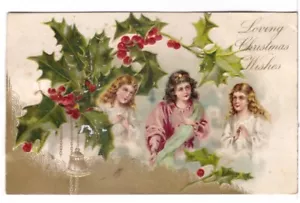 Loving Christmas Wishes, Girls, Holly, Antique Embossed Double Back Postcard - Foto 1 di 2