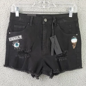 New Black Label High Waisted Shorts Black Women's Size L Distressed Raw Hem - Picture 1 of 12