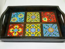 Large Mango wood tray.Hand painted ceramics tiles,serving,tea,coffee,tray.6cups