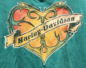 Vintage Harley Davidson Womens Shirt Sleep Heart Print Biker Teal Green T* - Picture 1 of 4