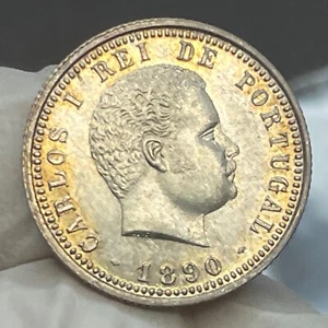 🇵🇹 Portugal King Carlos 100 Reis Silver 1890 CHOICE UNC Gold Toning - Picture 1 of 4