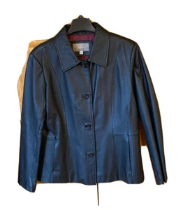 Croft & Barrow Woman's Leather Jacket Coat Size L Button Up Front Red Lining - Picture 1 of 11
