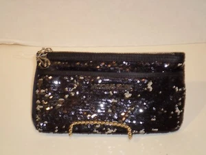 Victoria's Secret Black Silver Sequin Cosmetic Wristlet Travel Makeup Bag NWT - Picture 1 of 5