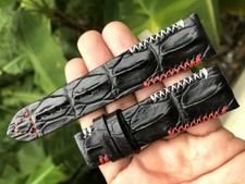 22mm/20mm, BLACK Hornback CROCODILE watch strap band, GENUINE ALLIGATOR LEATHER 